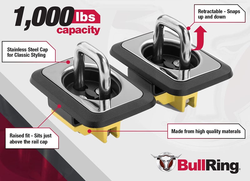 Bull Ring Retractable Truck Bed Tie Down Anchors, 98-12 Ford Ranger, 98-14 F150, 98-16 F250 & F350 Super Duty, 99-13 Silverado, 99-13 Sierra 1500 2500 & 3500, 95-18 RAM 1500 2500 & 3500 (1 Pair) - Image 3